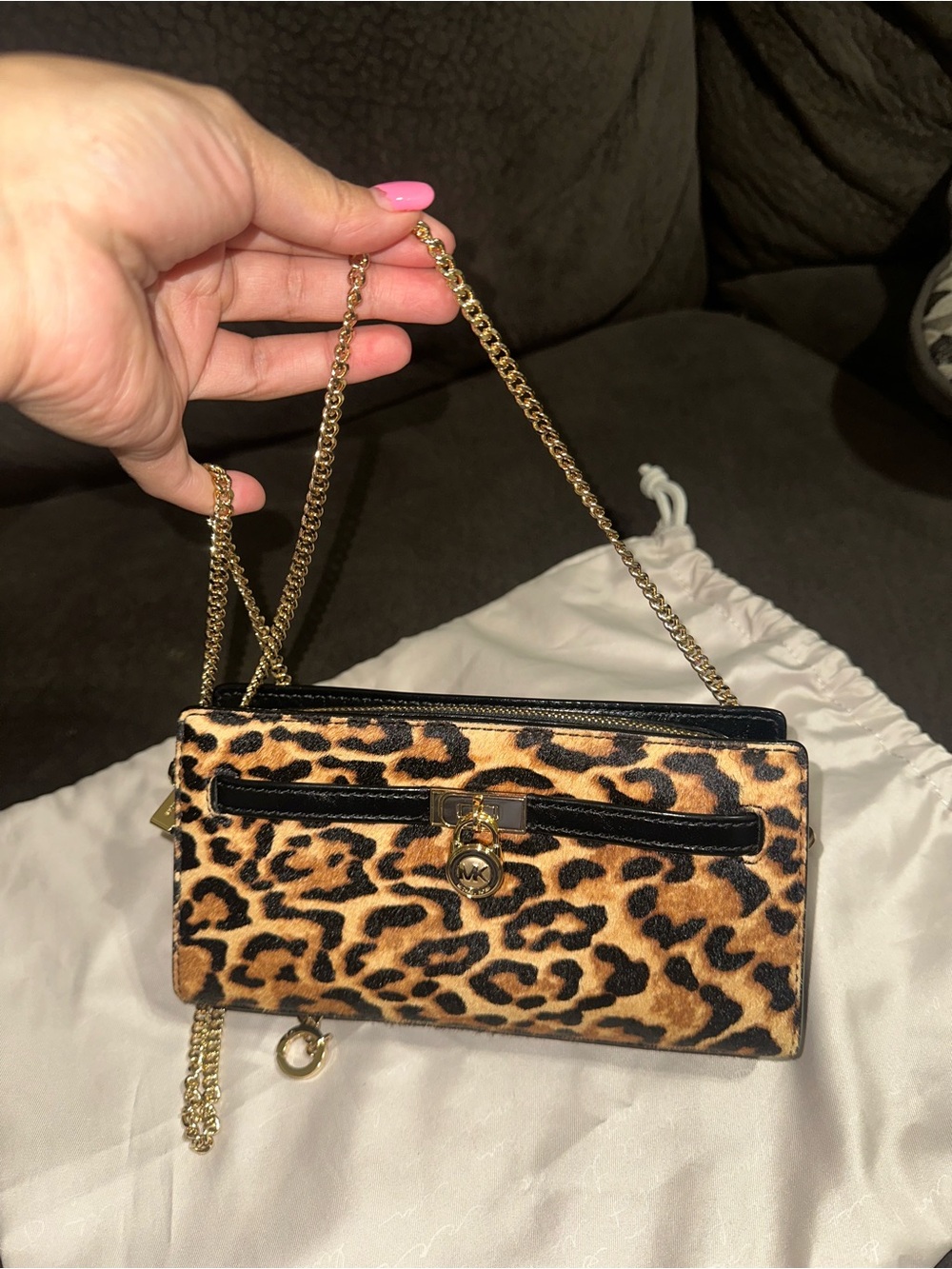 Michael Kors Leopard-Print Chain Crossbody in Tan, Black & Gold
